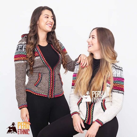 Alpaca White Multi-color Peruvian Wool Zip Cardigan Sweater Hooded Pockets Sz M - Picture 6 of 6